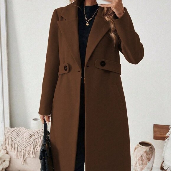Coffee Brown Casual Women's Notched Collar long coat - Picture 5 of 6